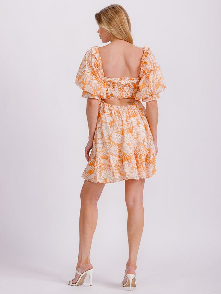 WOMEN'S SHORT PUFF SLEEVE SMOCK BACK CUT OUT LEAF PRINT MINI DRESS
