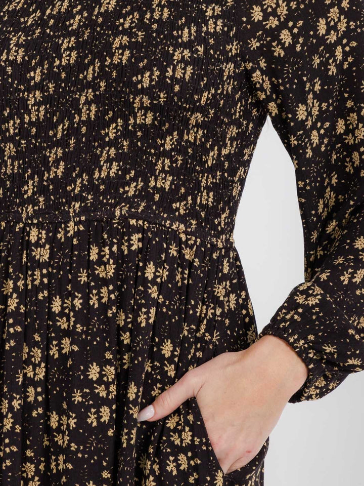 WOMEN'S LONG SLEEVE FRONT POCKETS SMOCK FLOWER MAXI DRESS