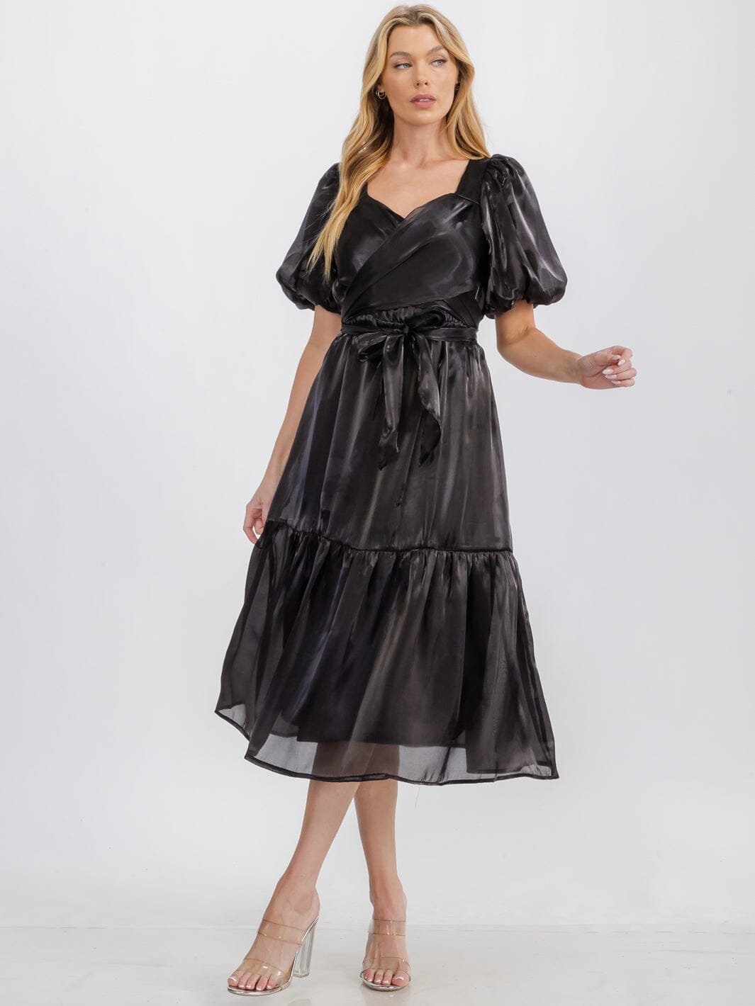 WOMEN'S SHORT PUFF SLEEVE SELF TIE SURPLICE SATIN TIERED MIDI DRESS