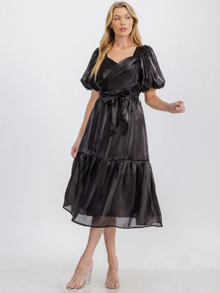 WOMEN'S SHORT PUFF SLEEVE SELF TIE SURPLICE SATIN TIERED MIDI DRESS