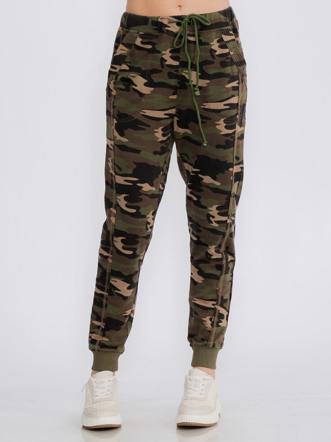 WOMEN'S ELASTIC WAIST POCKETS CAMO PRINT JOGGER PANTS