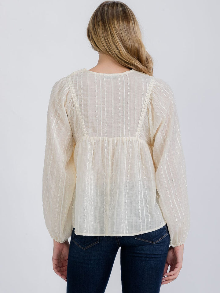 WOMEN'S LONG SLEEVE V-NECK TRIM DETAILED BLOUSE