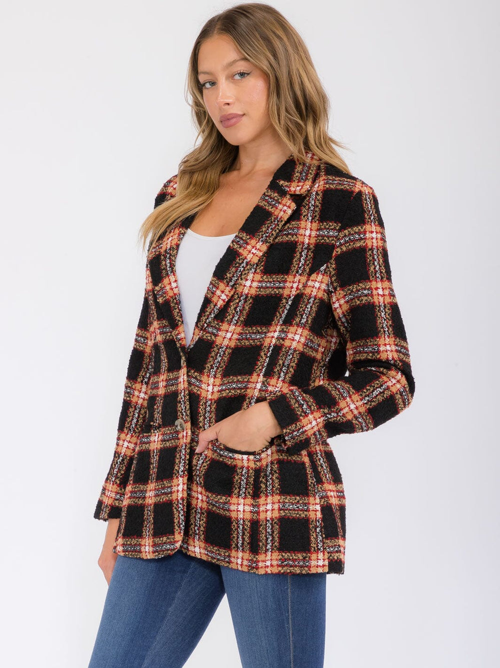 WOMEN'S LONG SLEEVE POCKETS BUTTON UP COLORBLOCK BLAZER