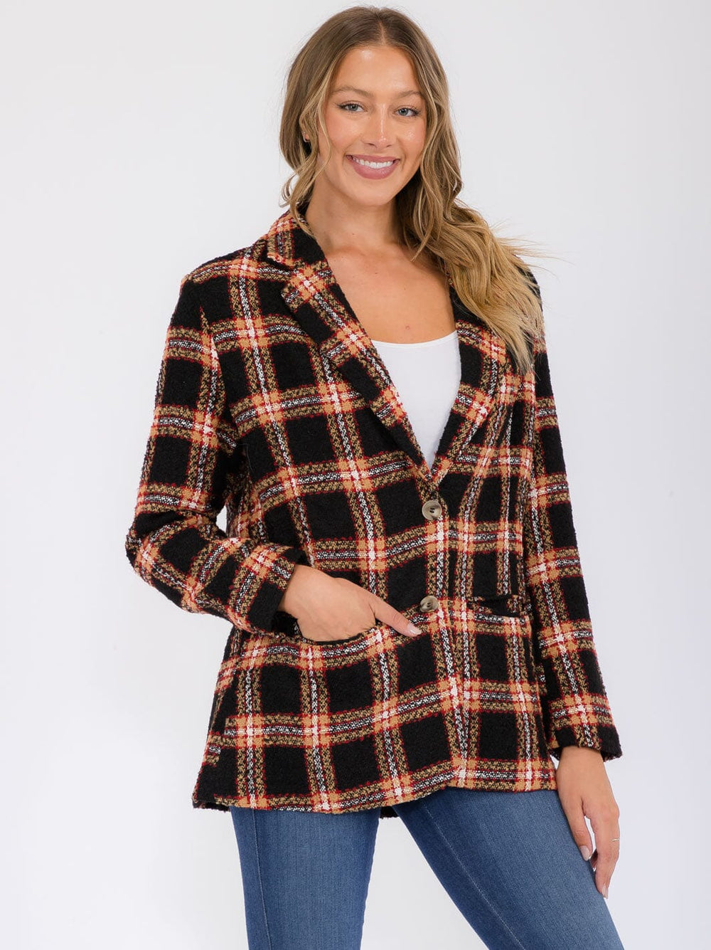 WOMEN'S LONG SLEEVE POCKETS BUTTON UP COLORBLOCK BLAZER