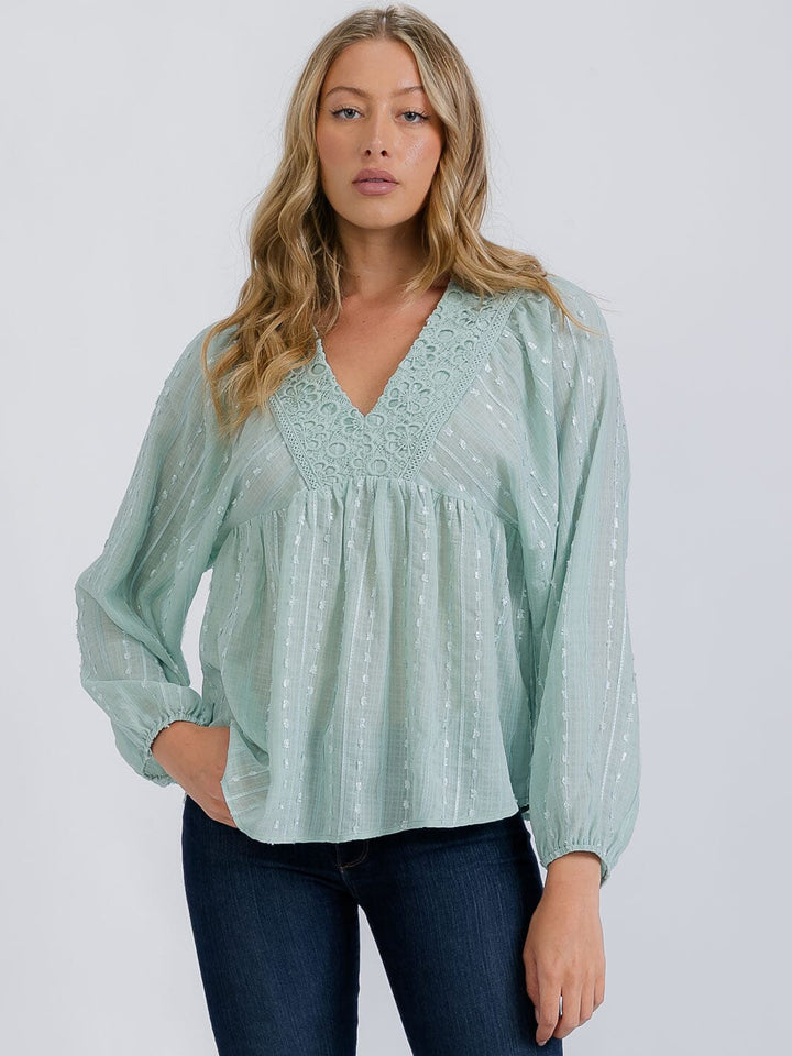 WOMEN'S LONG SLEEVE V-NECK TRIM DETAILED BLOUSE
