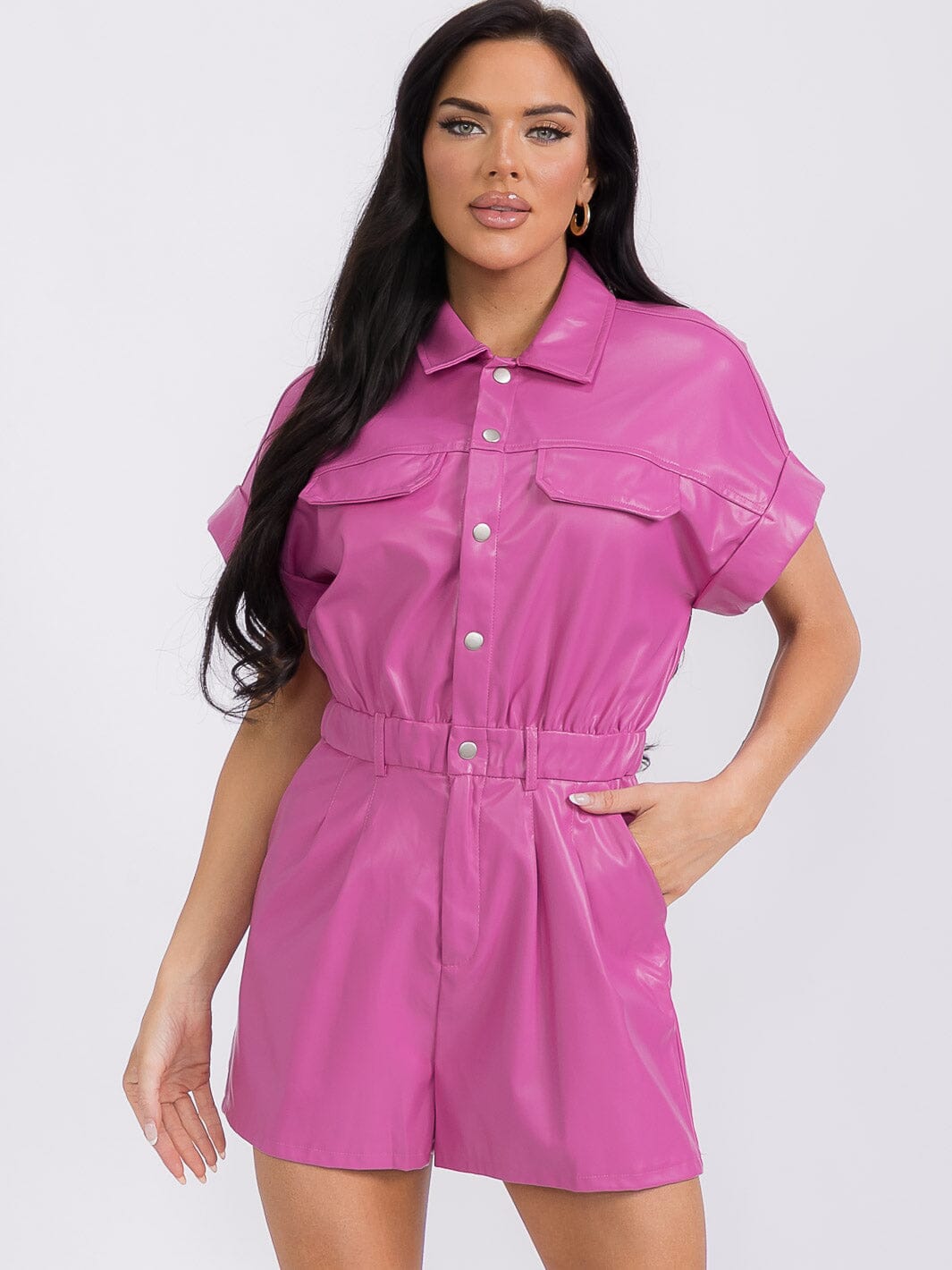 WOMEN'S SHORT SLEEVE BUTTON UP POCKETS PU PLEATHER ROMPER