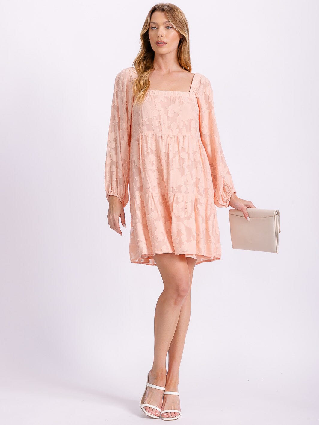 WOMEN'S LONG SLEEVE SQUARE NECK FLOWER DETAILED TUNIC MINI DRESS