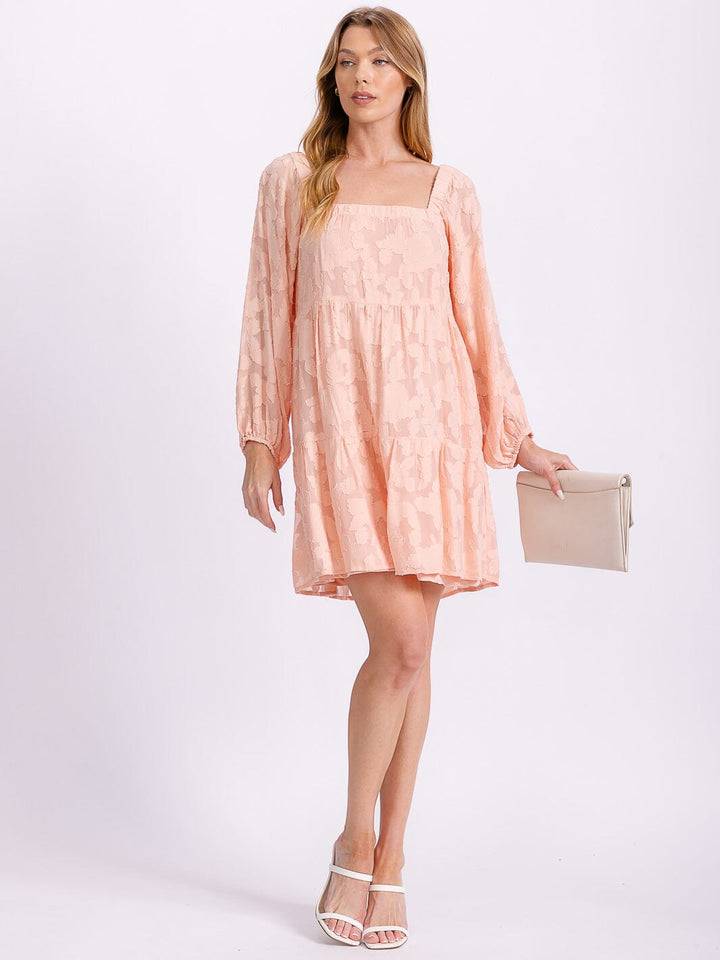 WOMEN'S LONG SLEEVE SQUARE NECK FLOWER DETAILED TUNIC MINI DRESS