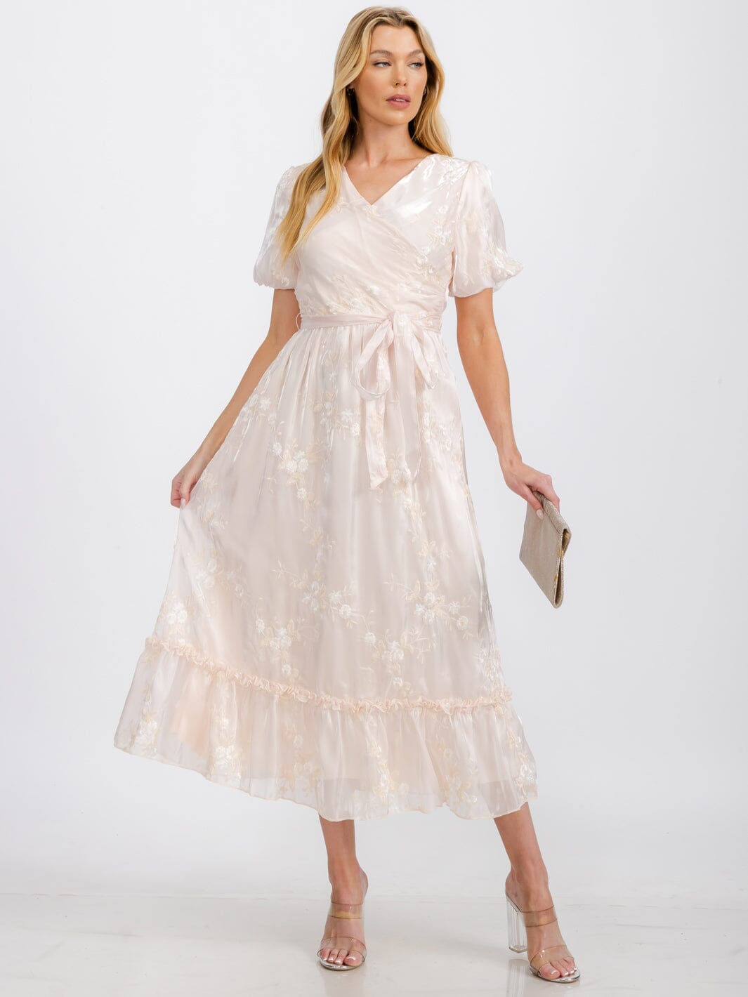 WOMEN'S SHORT PUFF SLEEVE SURPLICE FRONT POCKETS FLORAL SATIN MAXI DRESS