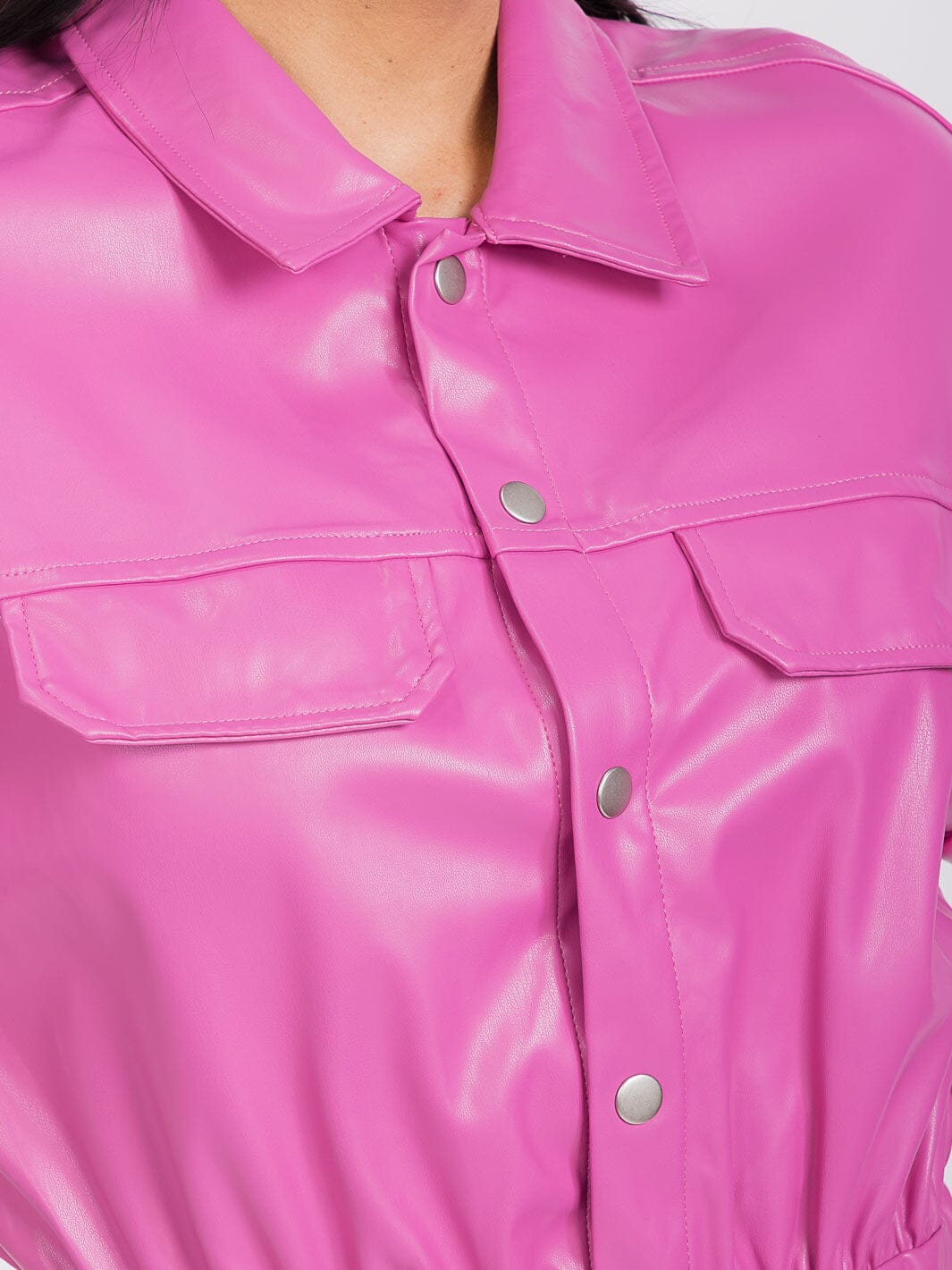 WOMEN'S SHORT SLEEVE BUTTON UP POCKETS PU PLEATHER ROMPER
