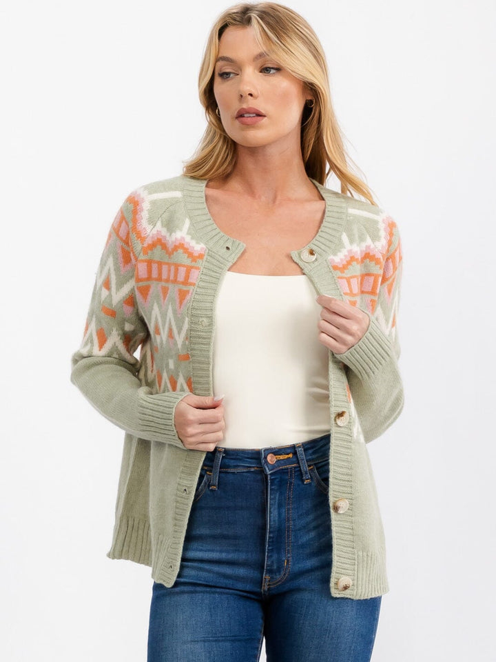 WOMEN'S LONG SLEEVE BUTTON CLOSURE MULTI PRINT CARDIGAN SWEATER