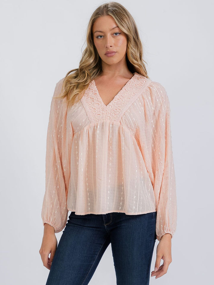 WOMEN'S LONG SLEEVE V-NECK TRIM DETAILED BLOUSE