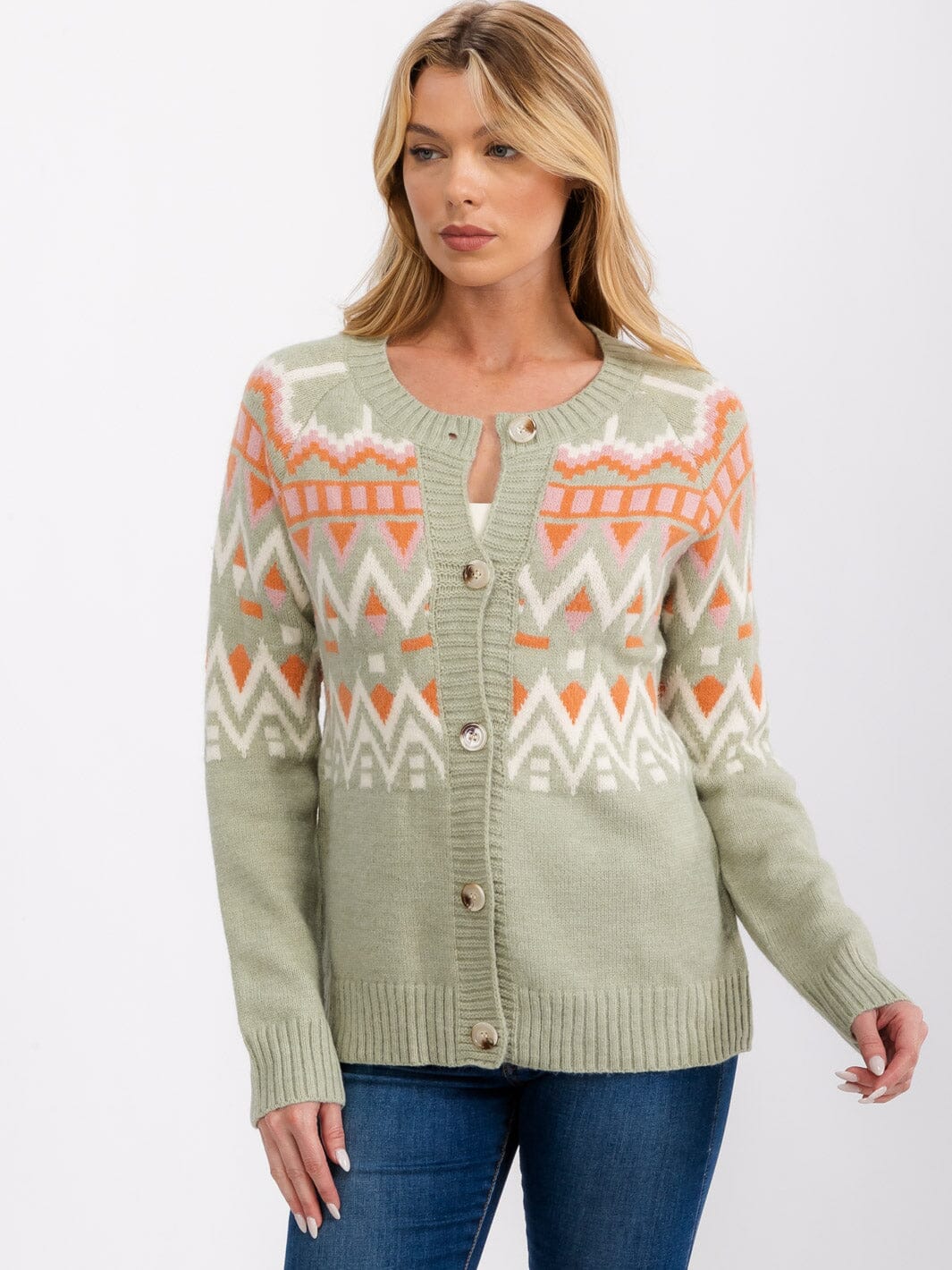 WOMEN'S LONG SLEEVE BUTTON CLOSURE MULTI PRINT CARDIGAN SWEATER