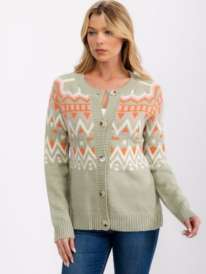 WOMEN'S LONG SLEEVE BUTTON CLOSURE MULTI PRINT CARDIGAN SWEATER