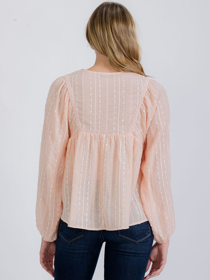 WOMEN'S LONG SLEEVE V-NECK TRIM DETAILED BLOUSE