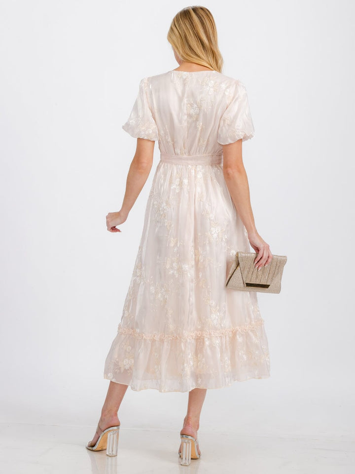 WOMEN'S SHORT PUFF SLEEVE SURPLICE FRONT POCKETS FLORAL SATIN MAXI DRESS