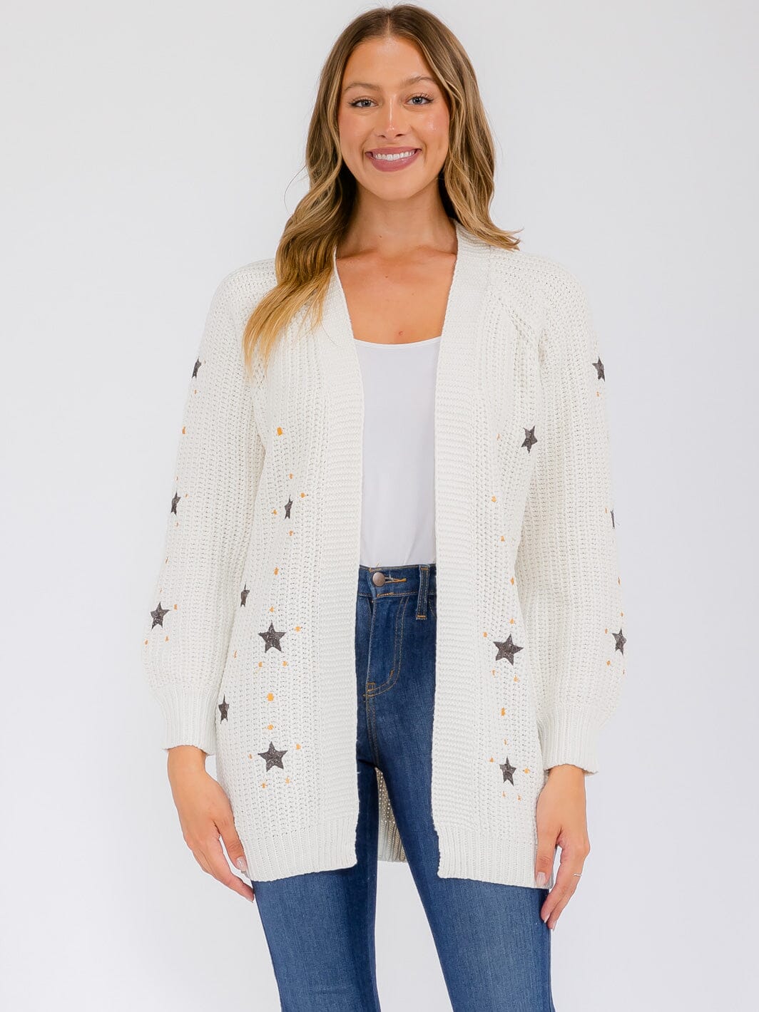 WOMEN'S LONG SLEEVE OPEN FRONT STARS PRINT CARDIGAN