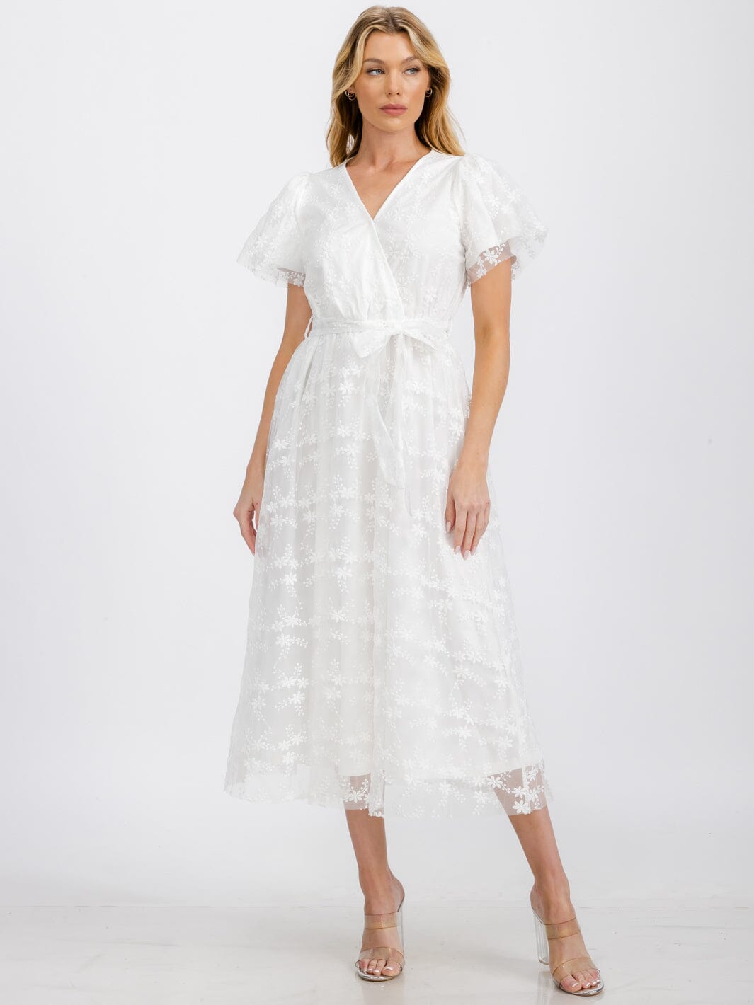 WOMEN'S SHORT SLEEVE SURPLICE ELASTIC WAIST FLORAL LACE MAXI DRESS