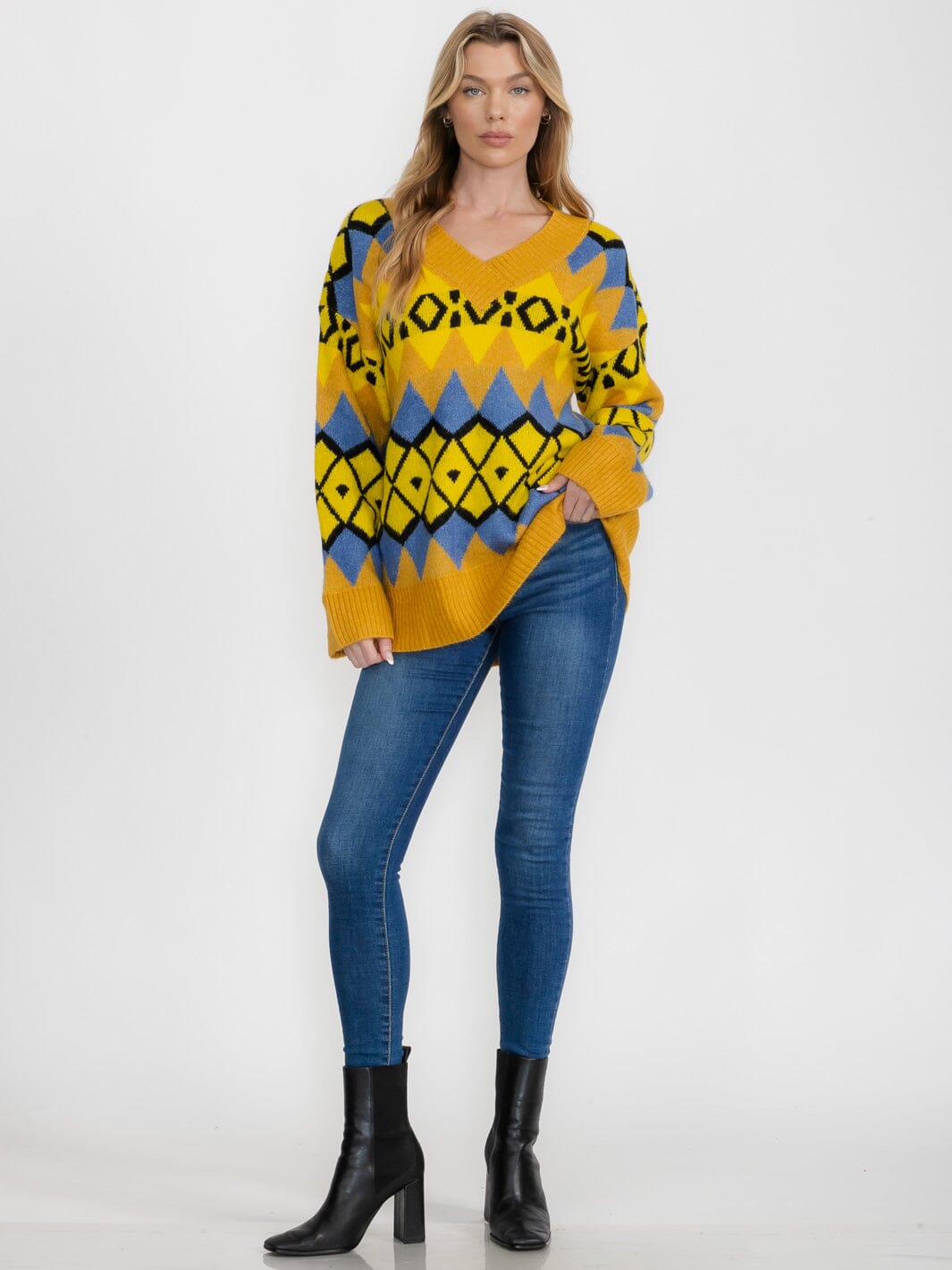 WOMEN'S LONG SLEEVE V-NECK COLORBLOCK PULLOVER OVERSIZE SWEATER