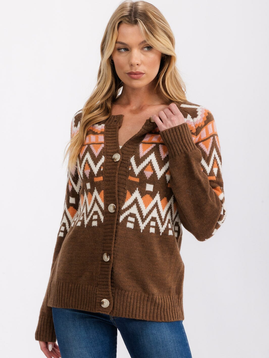 WOMEN'S LONG SLEEVE BUTTON CLOSURE MULTI PRINT CARDIGAN SWEATER