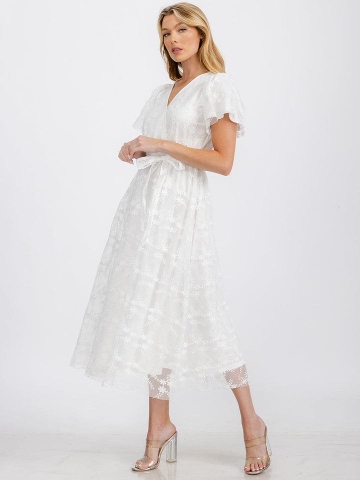 WOMEN'S SHORT SLEEVE SURPLICE ELASTIC WAIST FLORAL LACE MAXI DRESS