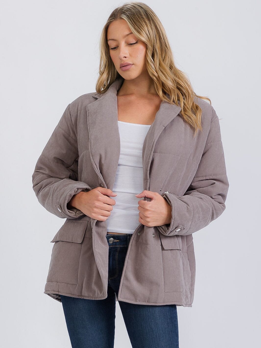WOMEN'S LONG SLEEVE FRONT POCKETS PUFFER JACKET