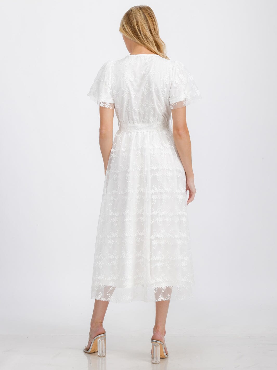 WOMEN'S SHORT SLEEVE SURPLICE ELASTIC WAIST FLORAL LACE MAXI DRESS