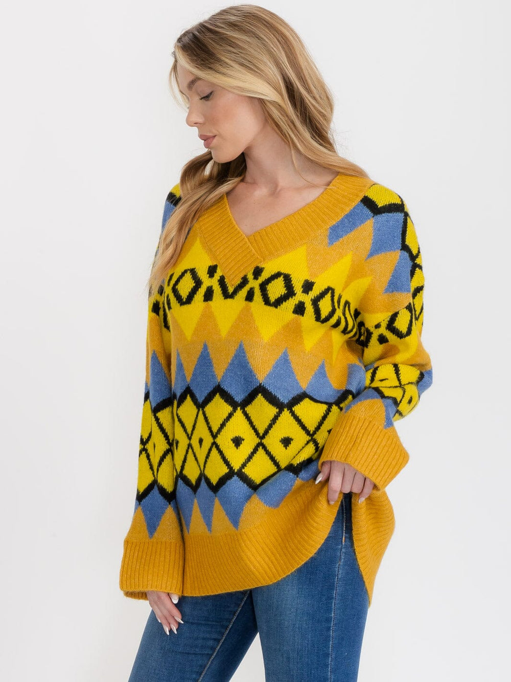 WOMEN'S LONG SLEEVE V-NECK COLORBLOCK PULLOVER OVERSIZE SWEATER