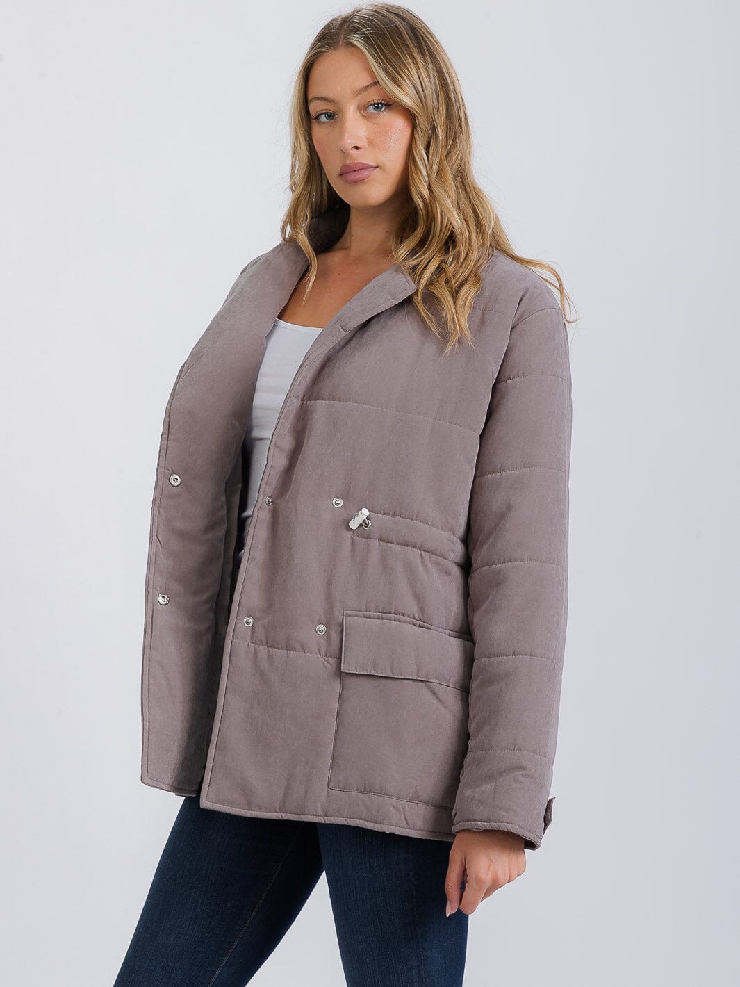 WOMEN'S LONG SLEEVE FRONT POCKETS PUFFER JACKET