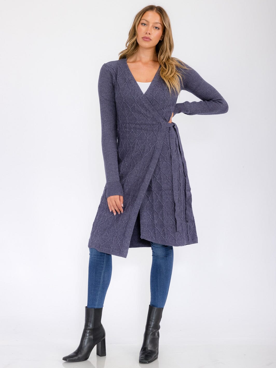 WOMEN'S LONG SLEEVE SELF TIE WRAP MIDI SWEATER DRESS WOMEN'S LONG SLEEVE SELF TIE WRAP MIDI SWEATER DRESS