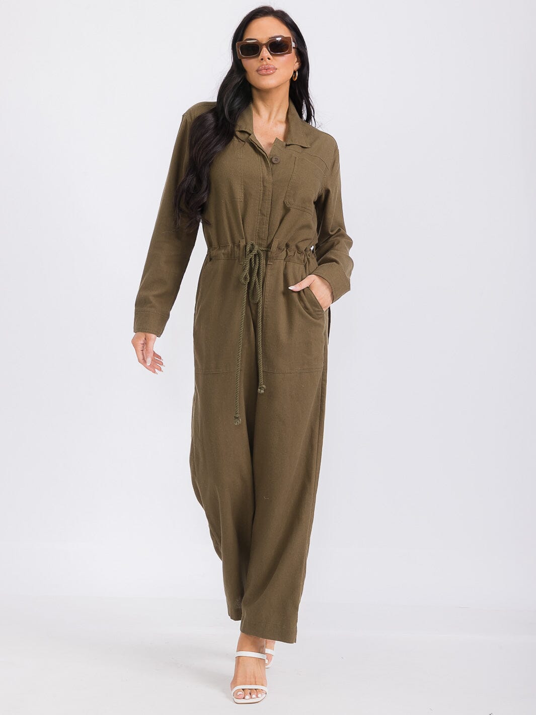 WOMEN'S LONG SLEEVE BUTTON UP POCKETS SELF TIE WIDE LEG JUMPSUIT