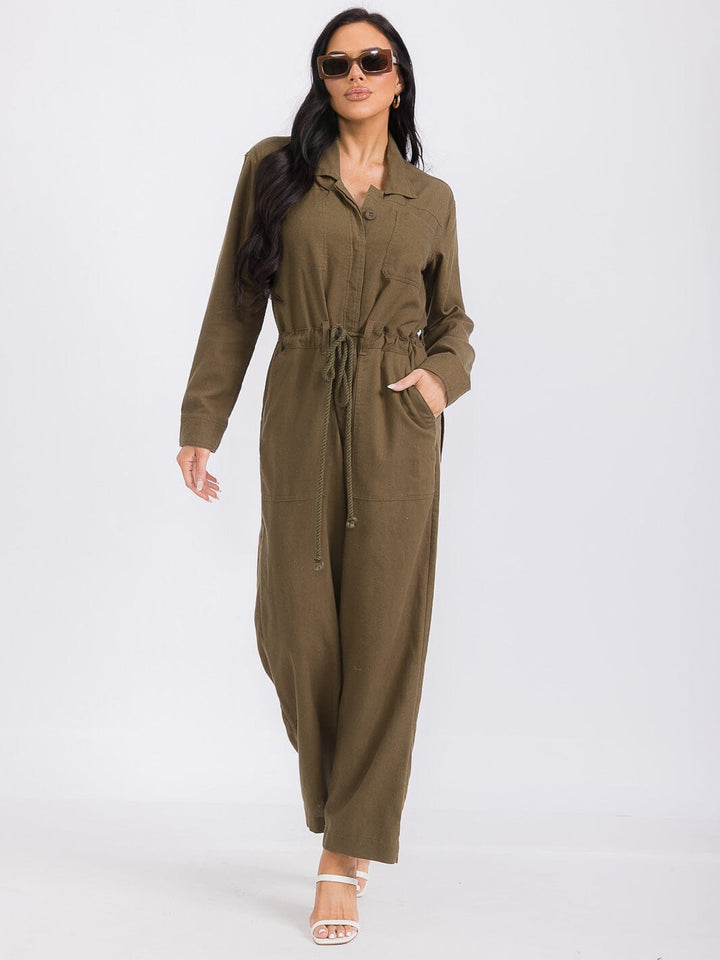 WOMEN'S LONG SLEEVE BUTTON UP POCKETS SELF TIE WIDE LEG JUMPSUIT