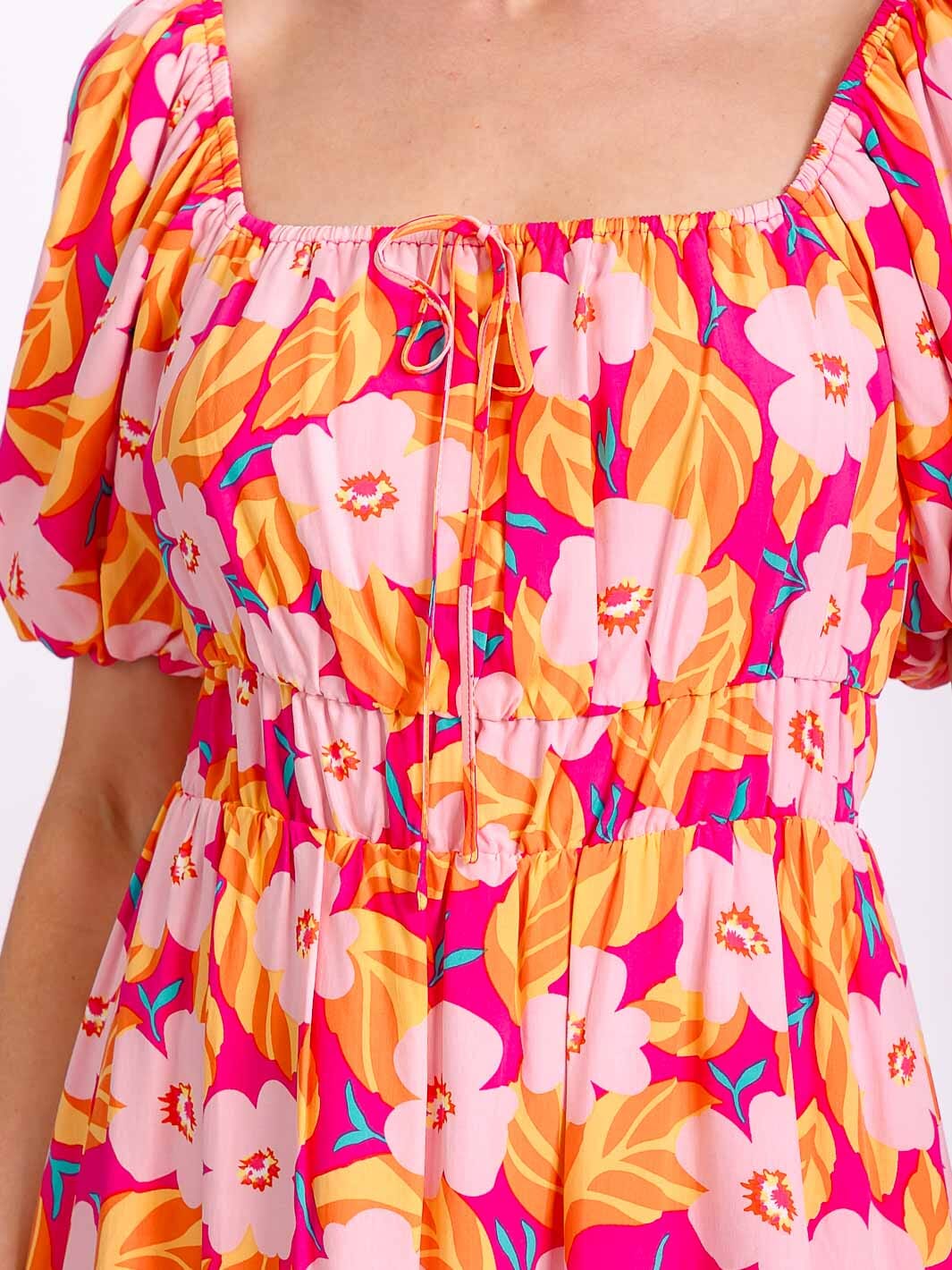 WOMEN'S SHORT PUFF SLEEVE SQUARE NECK ELASTIC WAIST FLORAL MINI DRESS