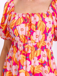 WOMEN'S SHORT PUFF SLEEVE SQUARE NECK ELASTIC WAIST FLORAL MINI DRESS
