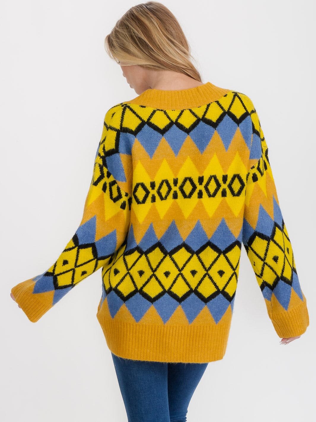 WOMEN'S LONG SLEEVE V-NECK COLORBLOCK PULLOVER OVERSIZE SWEATER