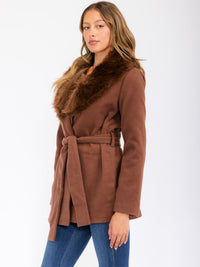 WOMEN'S LONG SLEEVE OPEN FRONT REMOVABLE FUR COLLAR SELF TIE COAT