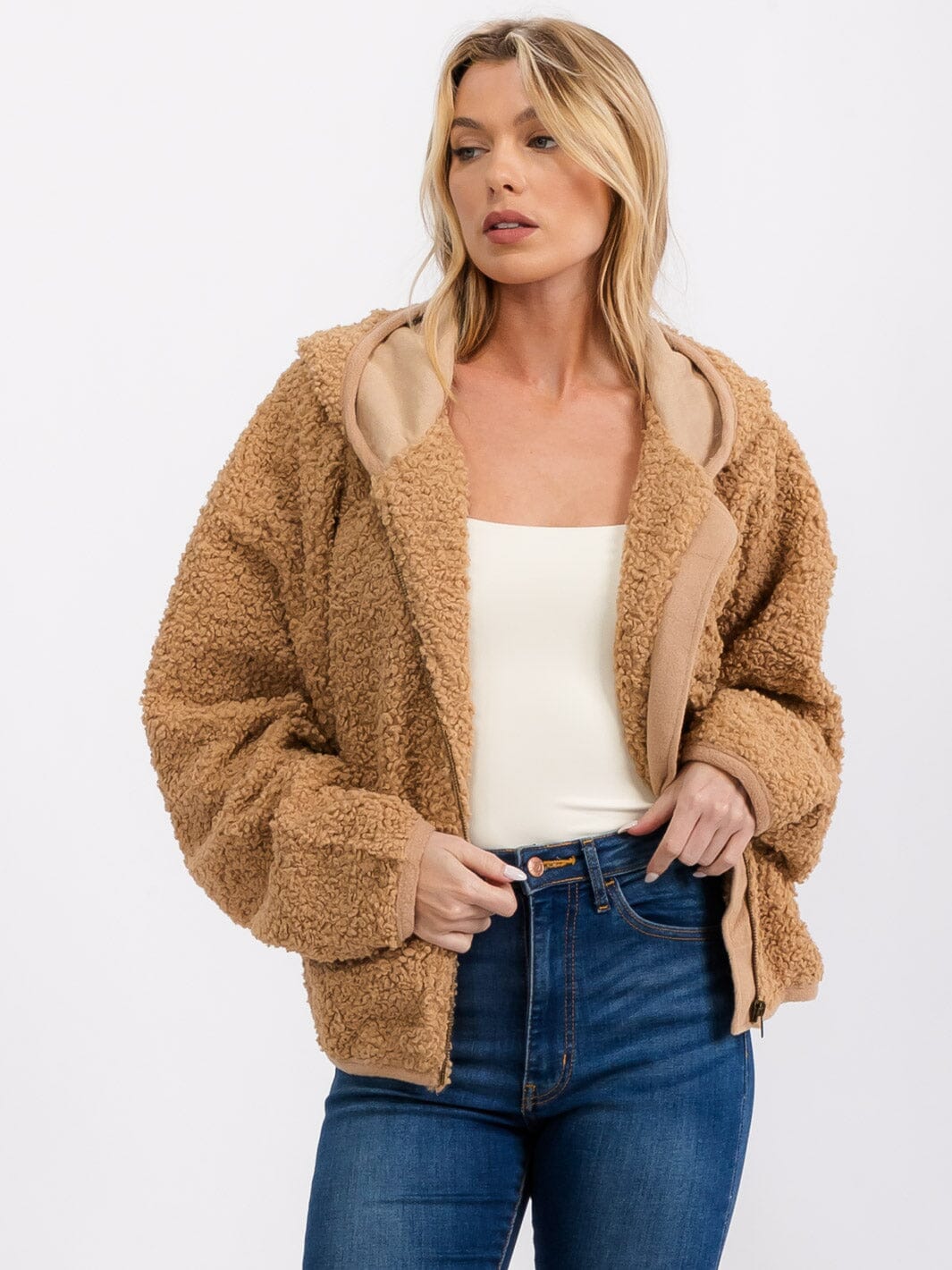 WOMEN'S LONG SLEEVE FRONT POCKETS ZIP UP SHERPA HOODED JACKET