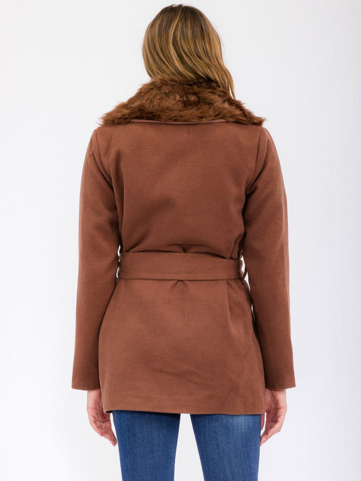 WOMEN'S LONG SLEEVE OPEN FRONT REMOVABLE FUR COLLAR SELF TIE COAT