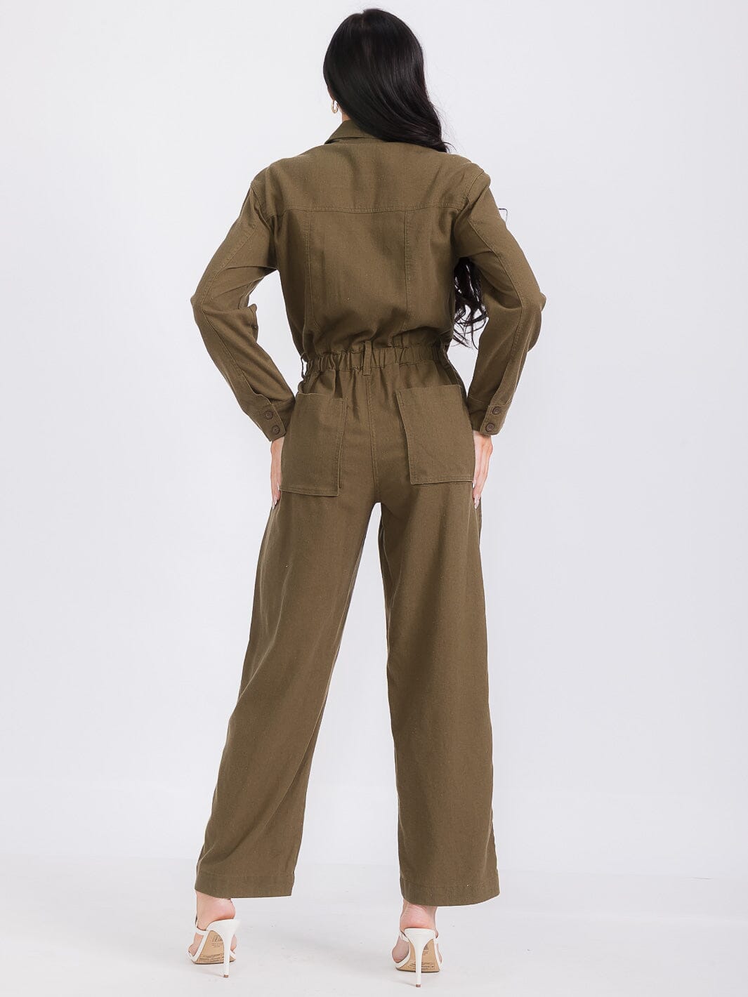 WOMEN'S LONG SLEEVE BUTTON UP POCKETS SELF TIE WIDE LEG JUMPSUIT
