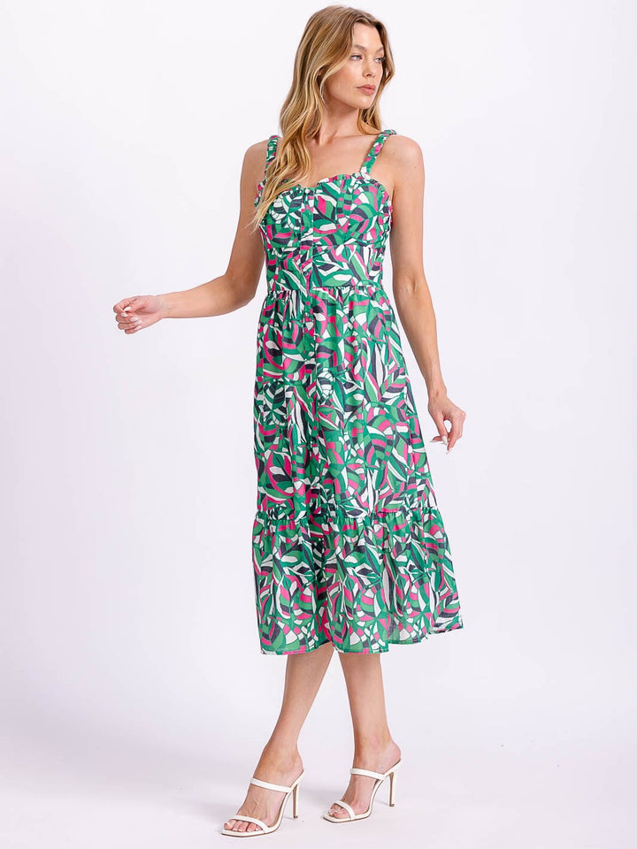 WOMEN'S SLEEVELESS BUTTON UP MULTI PRINT MIDI DRESS