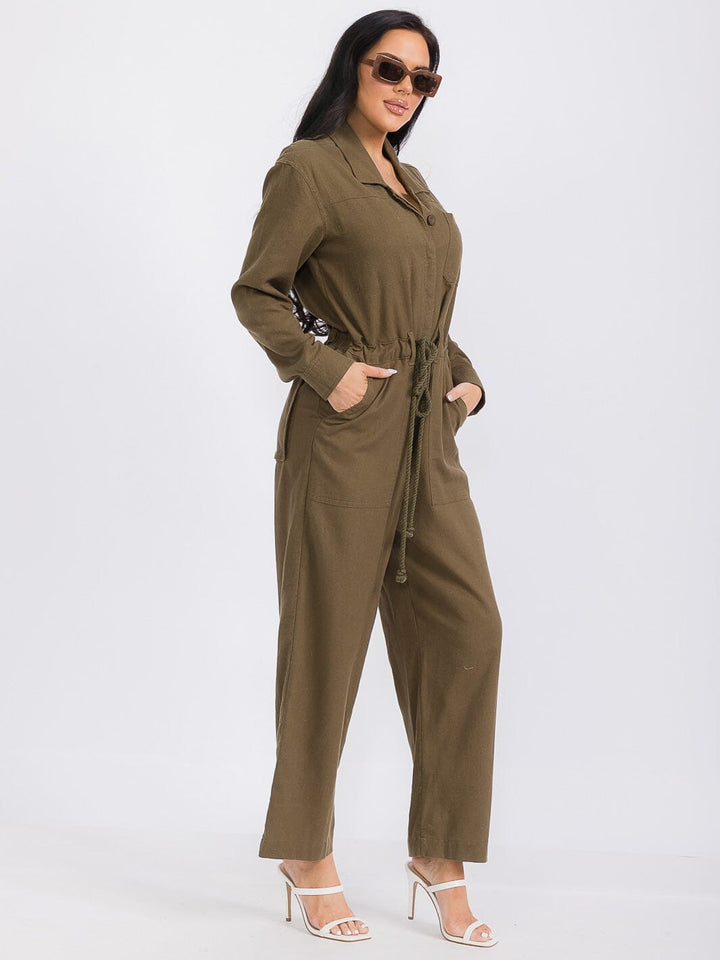 WOMEN'S LONG SLEEVE BUTTON UP POCKETS SELF TIE WIDE LEG JUMPSUIT