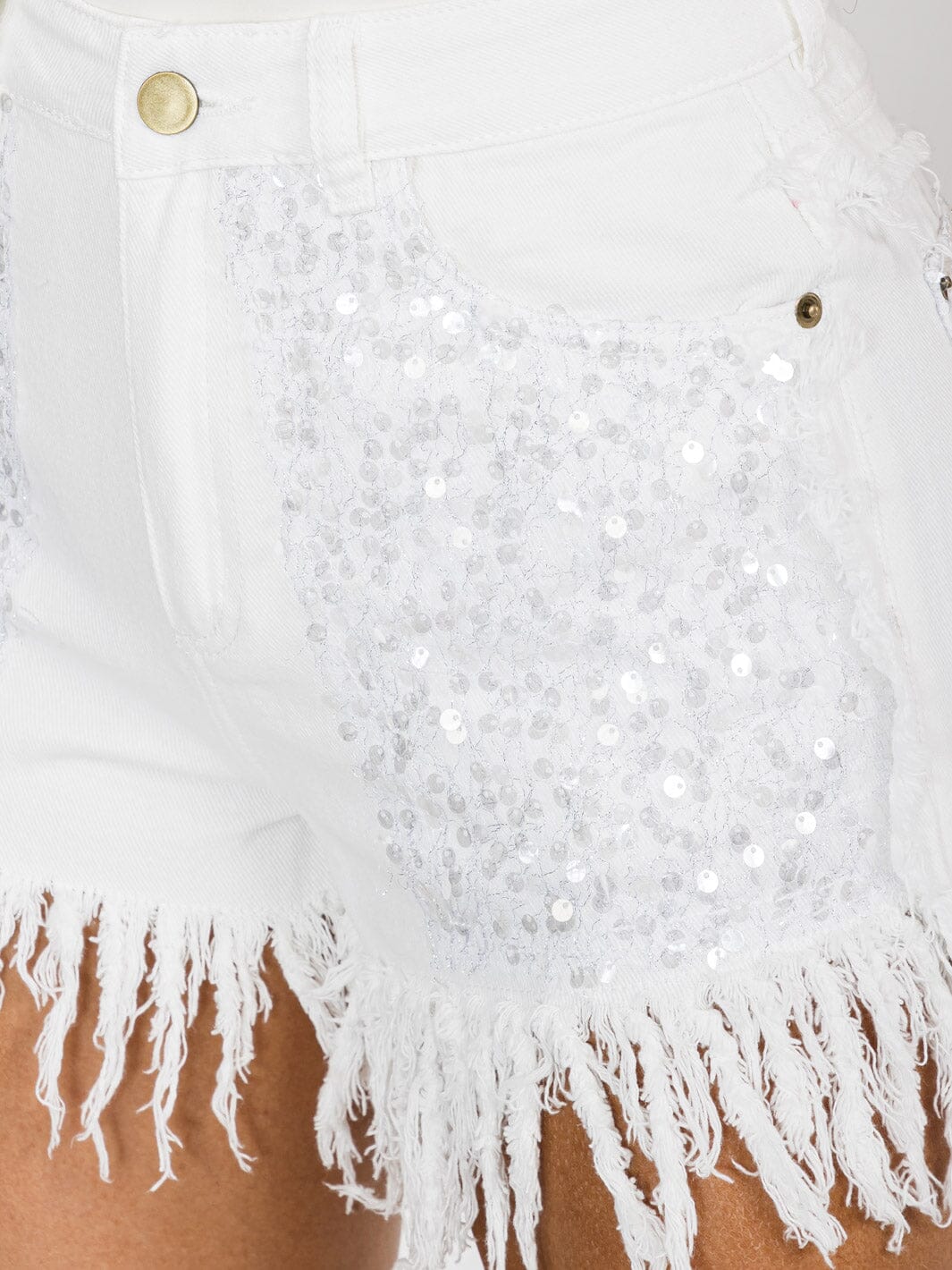 WOMEN'S BUTTON CLOSURE FRINGE POCKETS SEQUINS DENIM MINI SHORTS