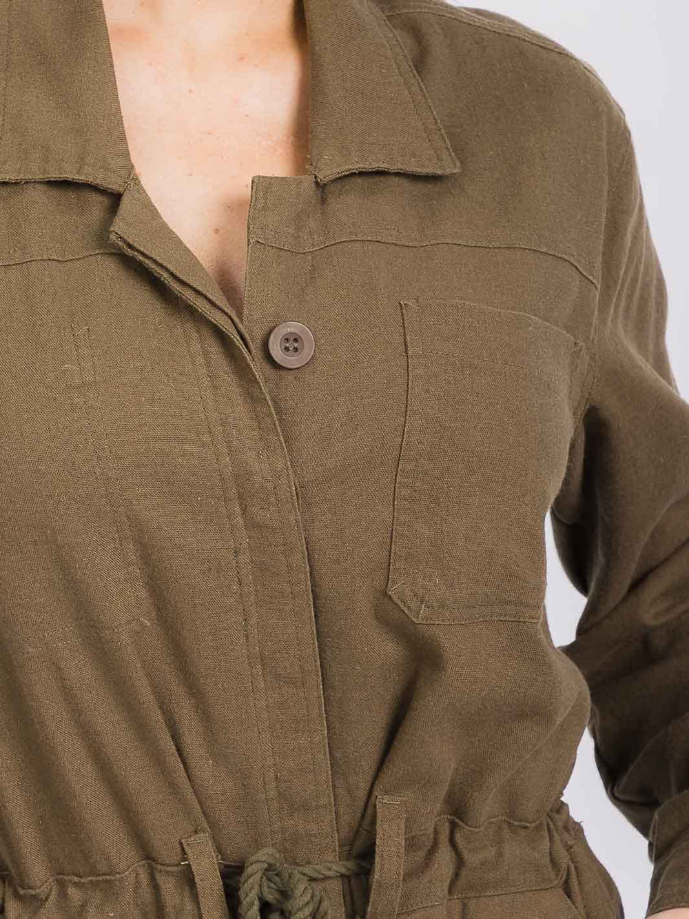 WOMEN'S LONG SLEEVE BUTTON UP POCKETS SELF TIE WIDE LEG JUMPSUIT