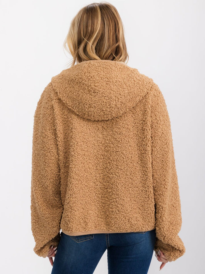 WOMEN'S LONG SLEEVE FRONT POCKETS ZIP UP SHERPA HOODED JACKET