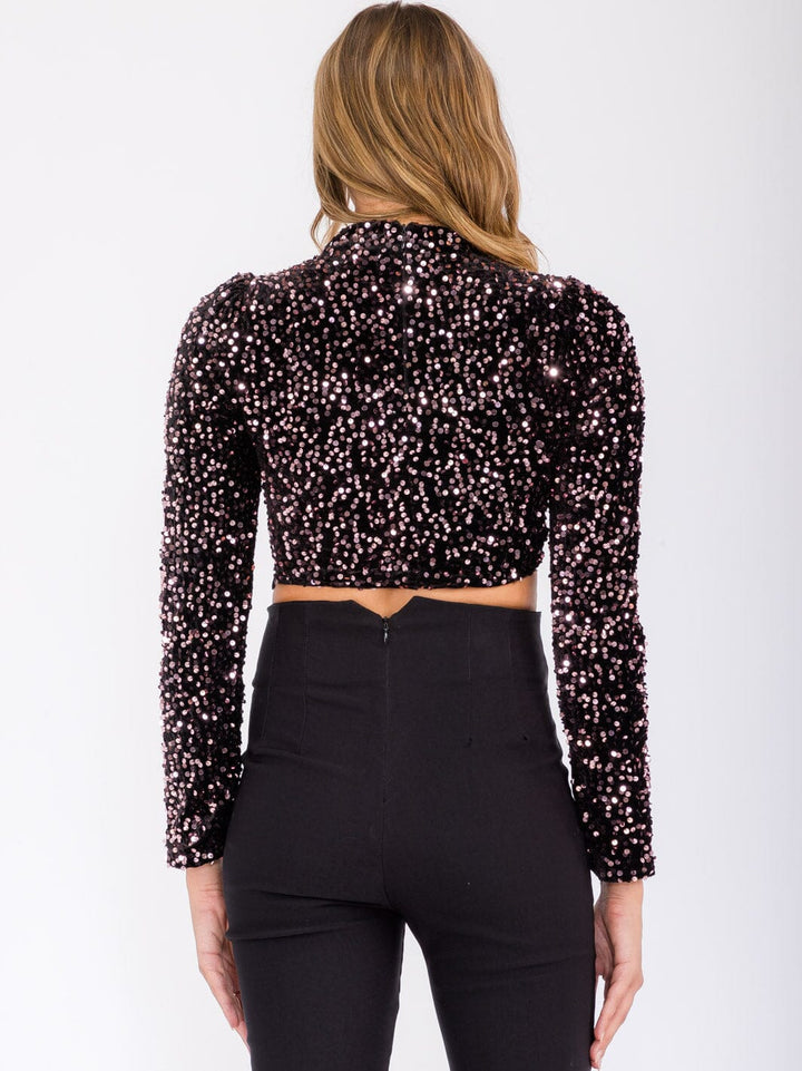 WOMEN'S LONG SLEEVE MOCK NECK SEQUINS CROP TOP