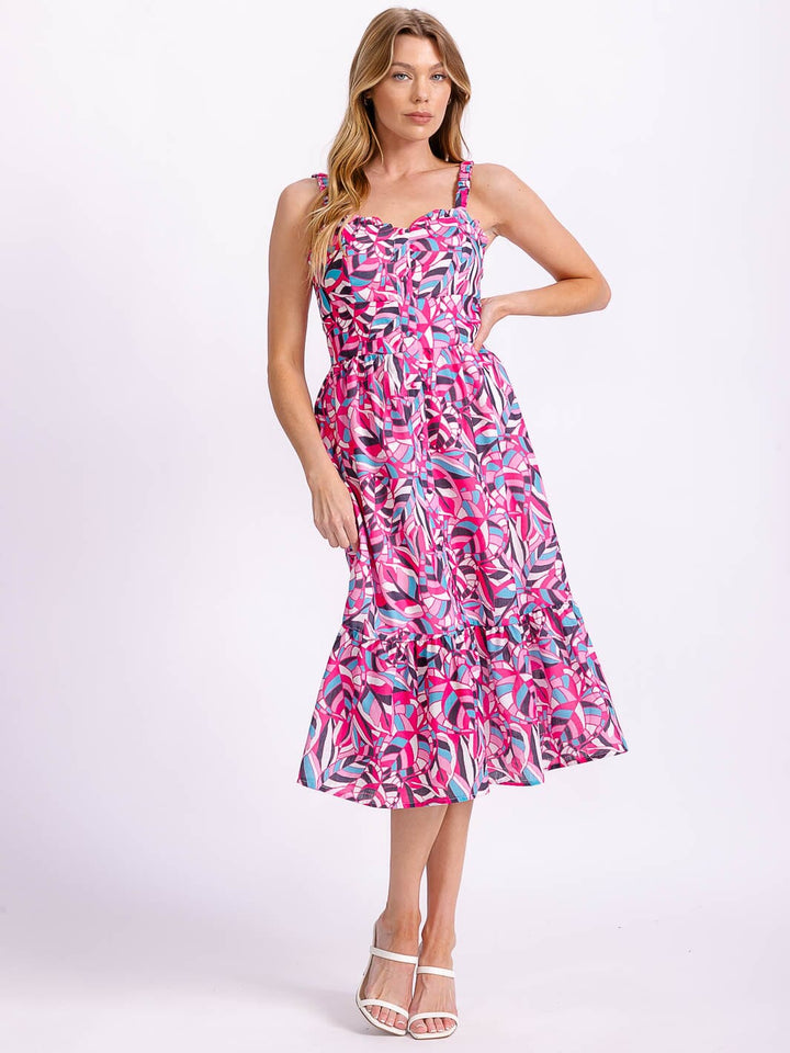 WOMEN'S SLEEVELESS BUTTON UP MULTI PRINT MIDI DRESS