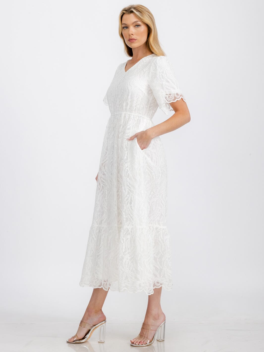 WOMEN'S SHORT SLEEVE V-NECK FRONT POCKETS ELASTIC WAIST FLORAL LACE MAXI DRESS