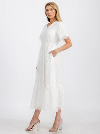 WOMEN'S SHORT SLEEVE V-NECK FRONT POCKETS ELASTIC WAIST FLORAL LACE MAXI DRESS