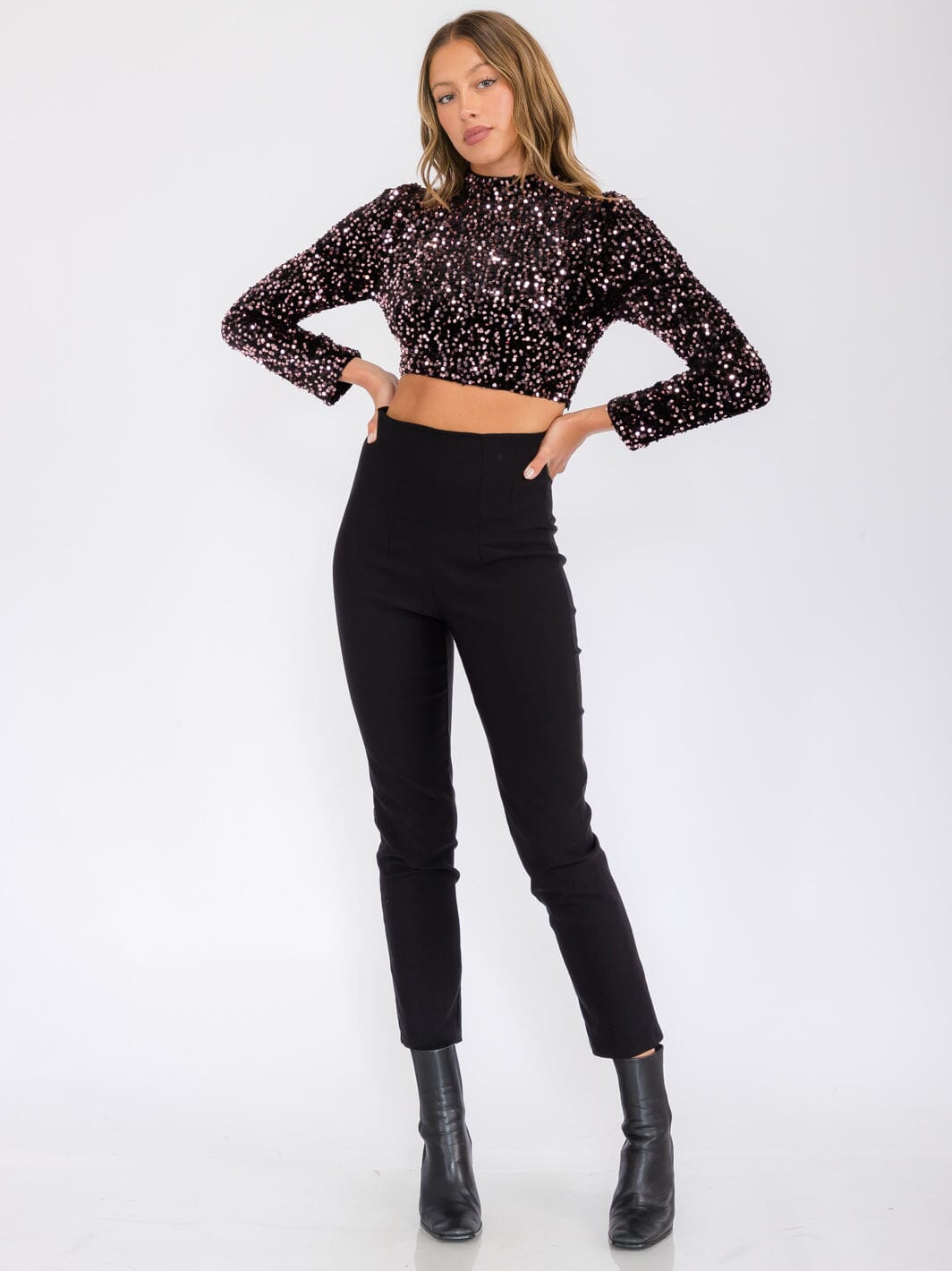 WOMEN'S LONG SLEEVE MOCK NECK SEQUINS CROP TOP