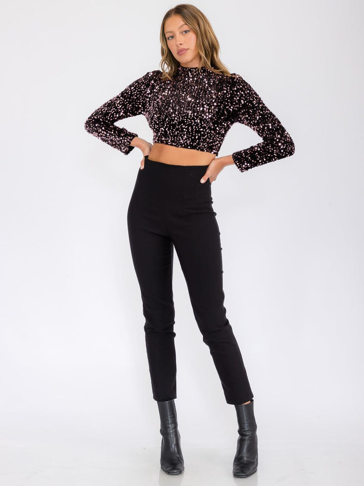 WOMEN'S LONG SLEEVE MOCK NECK SEQUINS CROP TOP